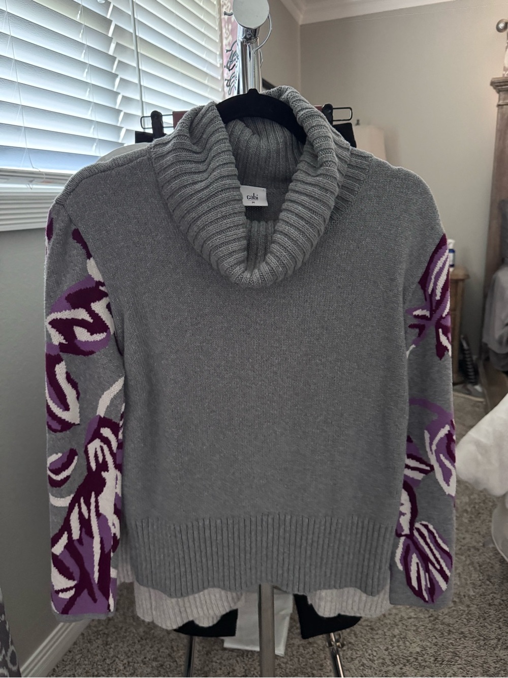 CAbi Gray Cowl Neck Sweater with Purple Floral Sleeves